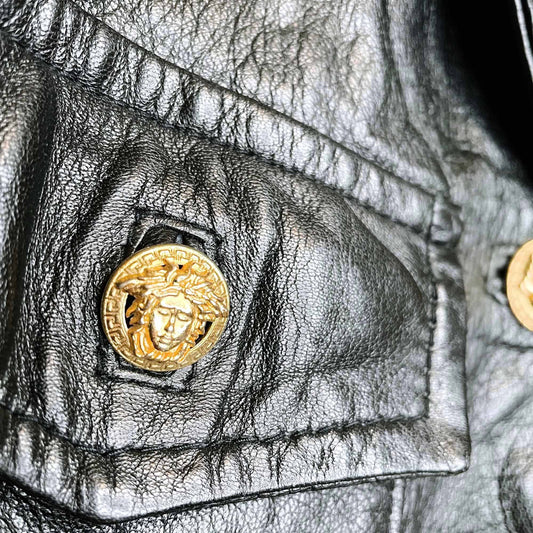 vintage versace style 90's leather jacket with gold medusa buttons - size small