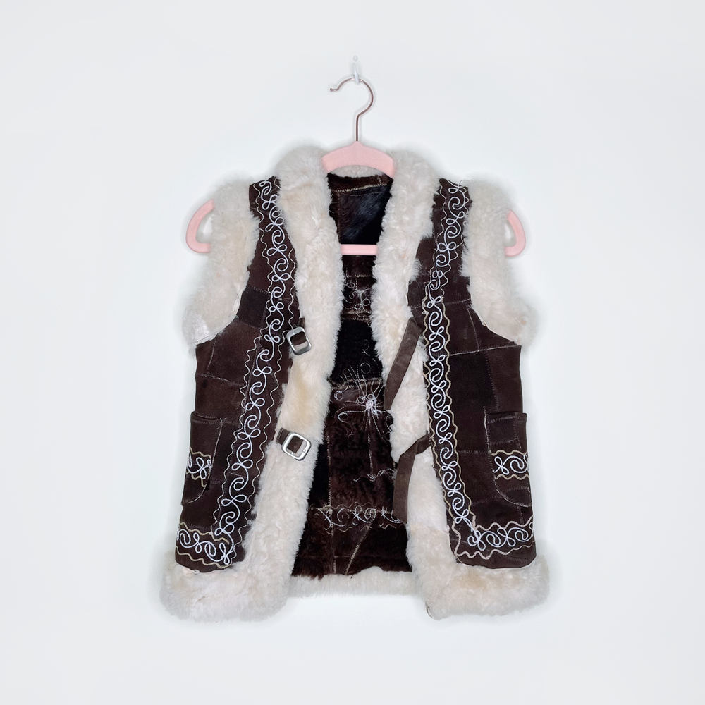 vintage 70s afghan boho folk art shearling vest - size xxs