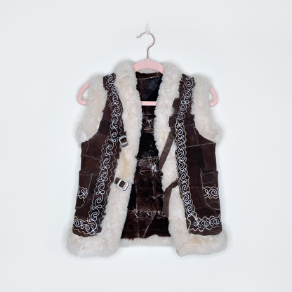 vintage 70s afghan boho folk art shearling vest - size xxs