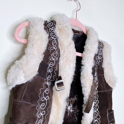 vintage 70s afghan boho folk art shearling vest - size xxs