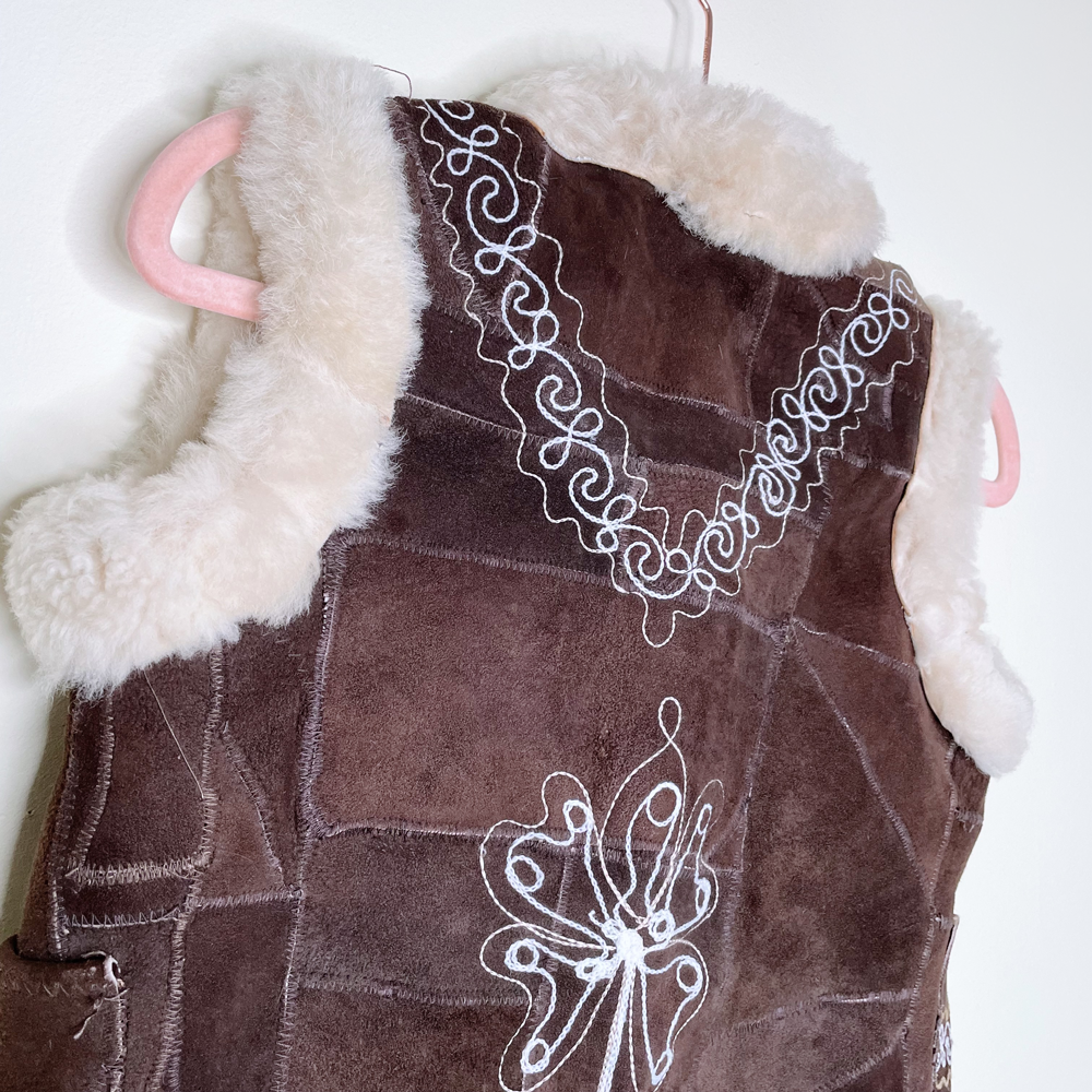 vintage 70s afghan boho folk art shearling vest - size xxs