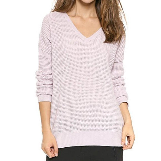 vince lilac wool-cashmere waffle v-neck sweater - size large