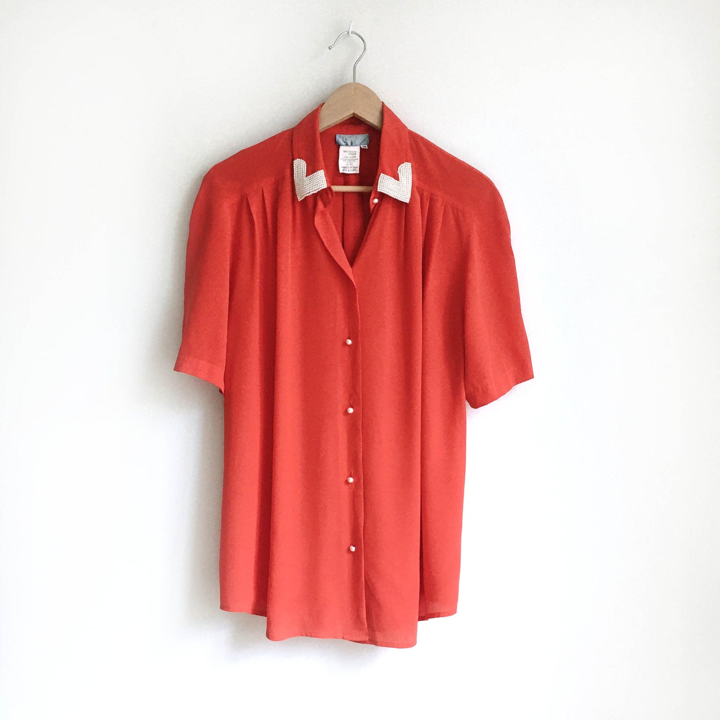 Vintage red blouse with pearl collar - size 14