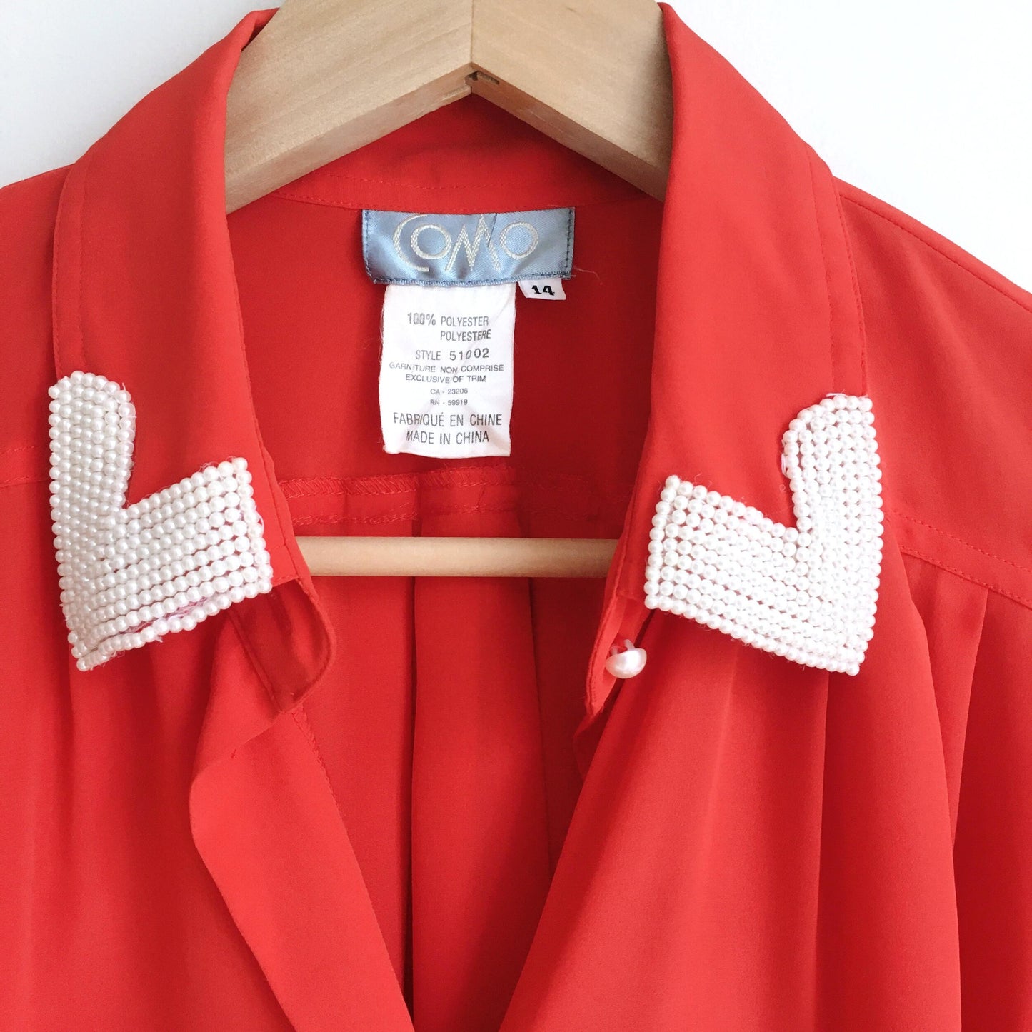 Vintage red blouse with pearl collar - size 14