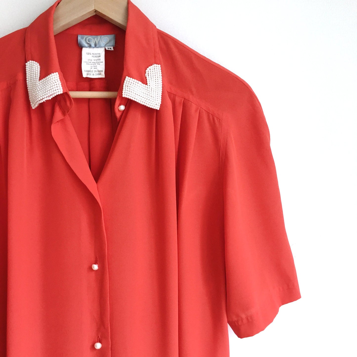 Vintage red blouse with pearl collar - size 14