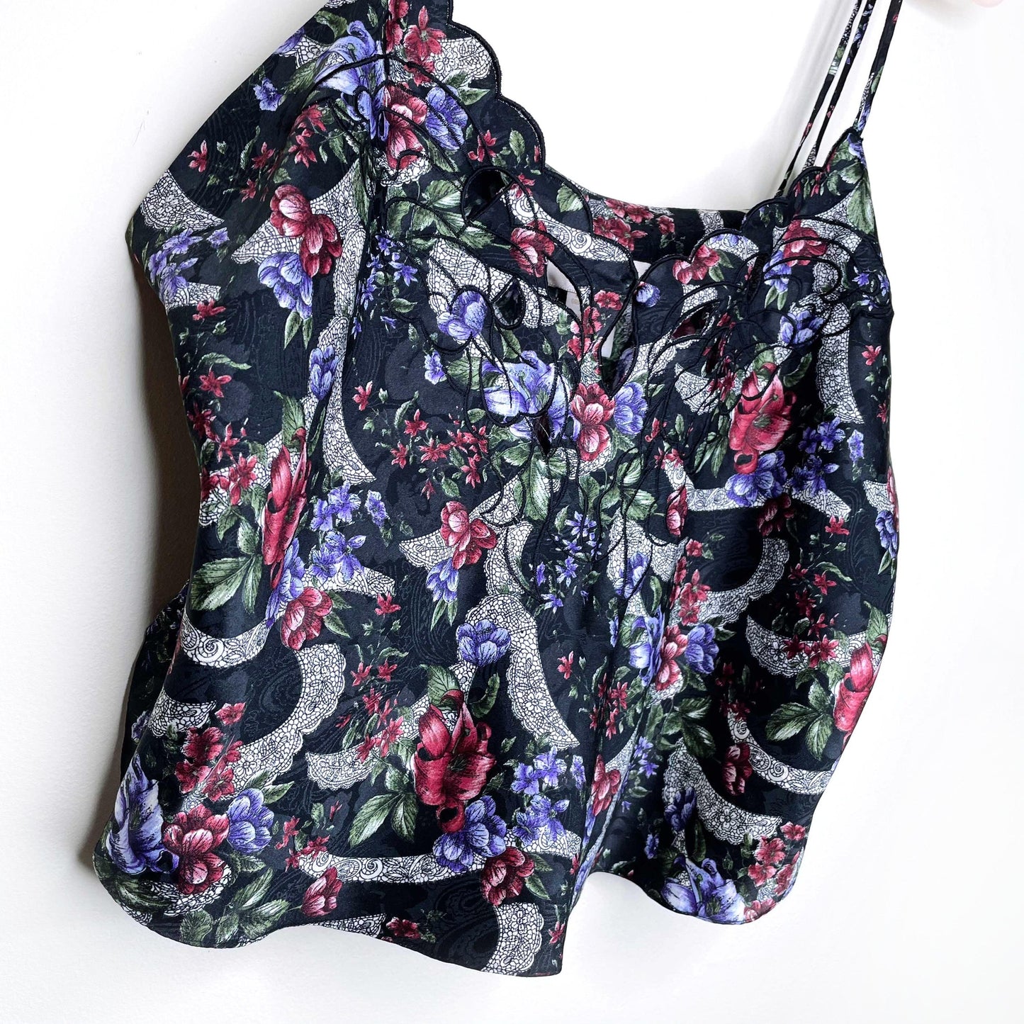 vintage 80's gold label embroidered floral satin cami - size medium