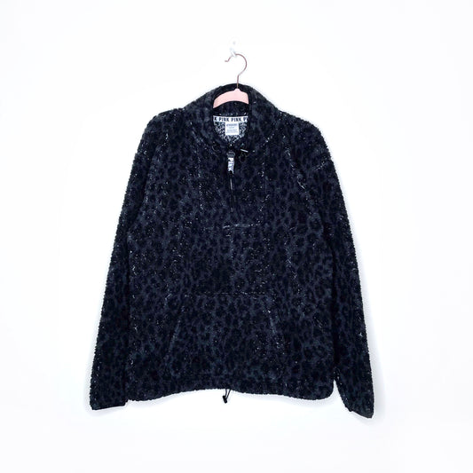 victoria's secret pink black leopard sherpa fleece 1/4 zip sweater - size medium