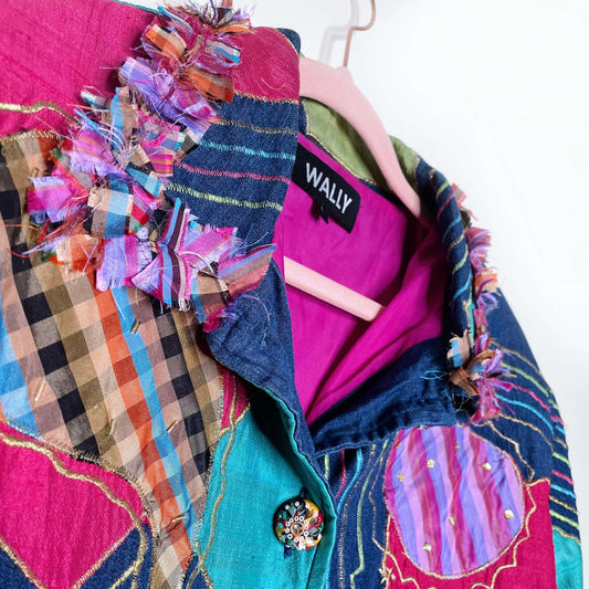 vintage wally artsy patchwork silk multicolour jacket - size large