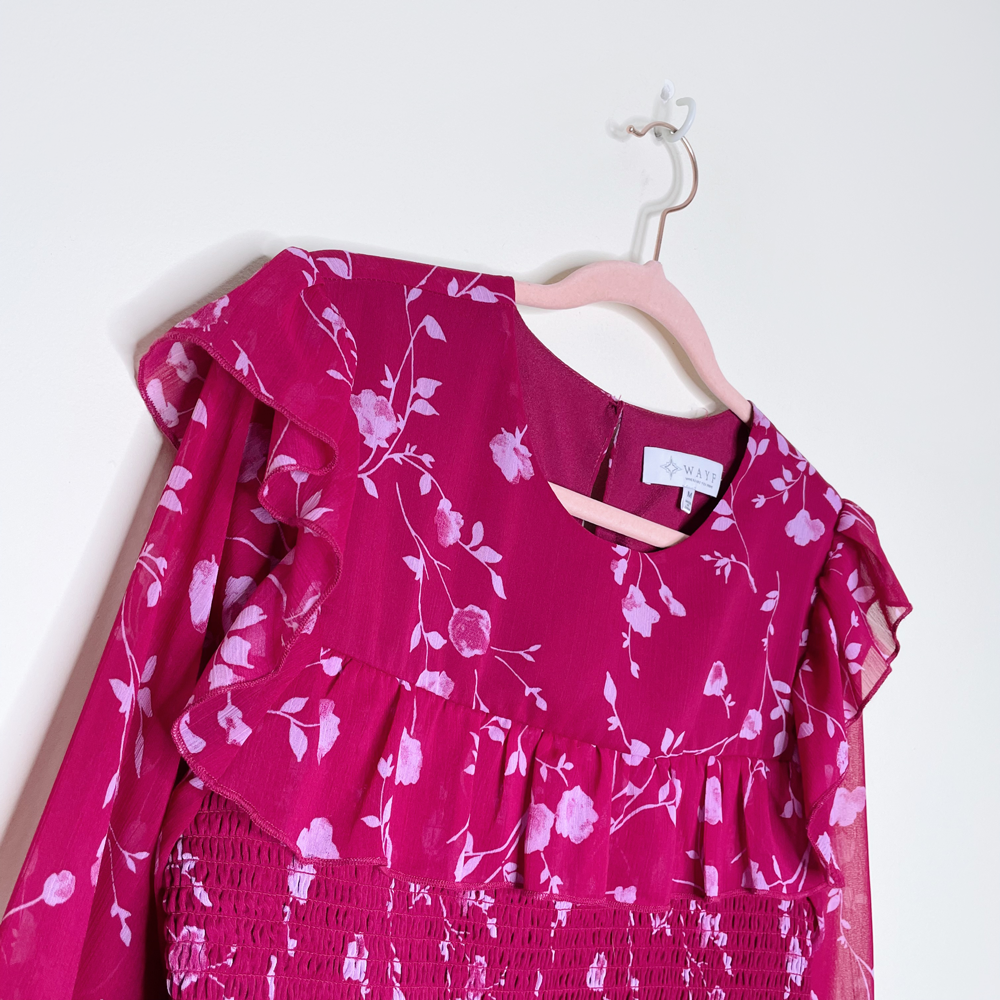 wayf pink floral ruffled smocked sheer blouse - size medium