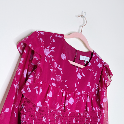 wayf pink floral ruffled smocked sheer blouse - size medium