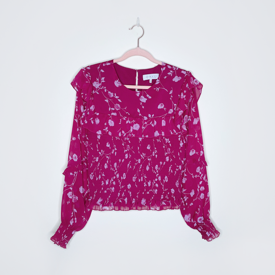 wayf pink floral ruffled smocked sheer blouse - size medium