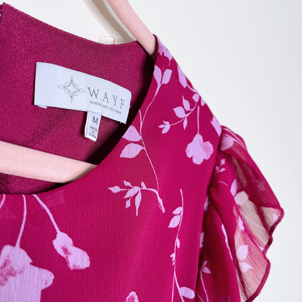 wayf pink floral ruffled smocked sheer blouse - size medium