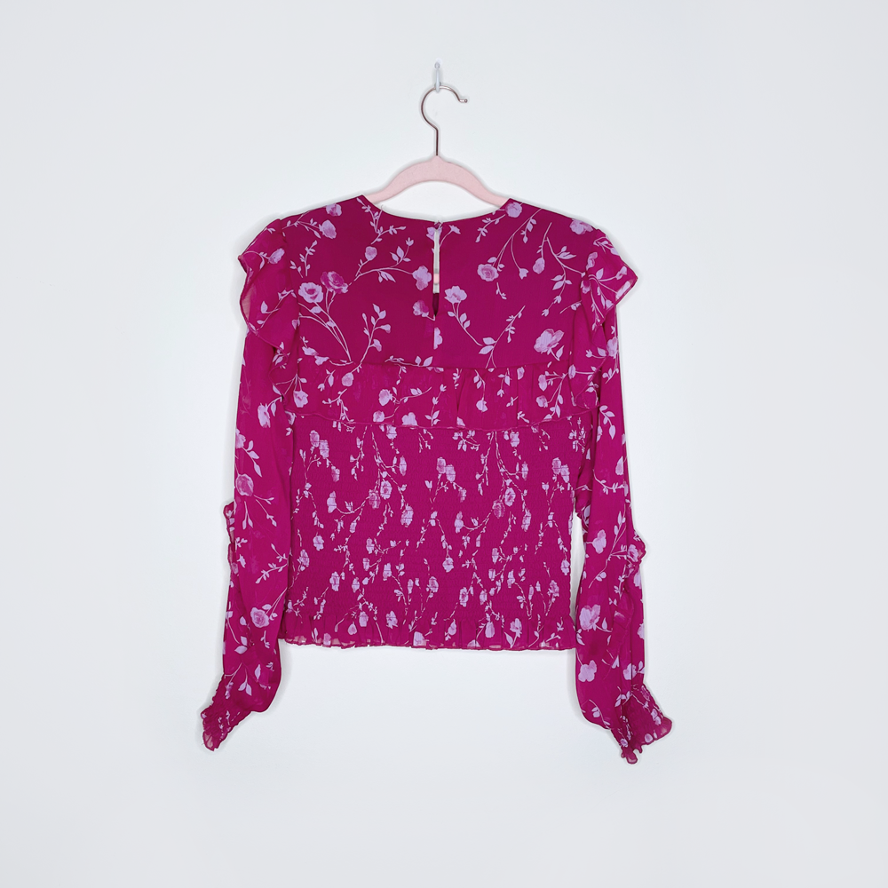 wayf pink floral ruffled smocked sheer blouse - size medium