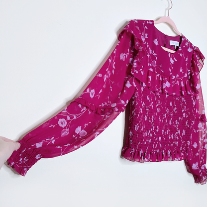 wayf pink floral ruffled smocked sheer blouse - size medium