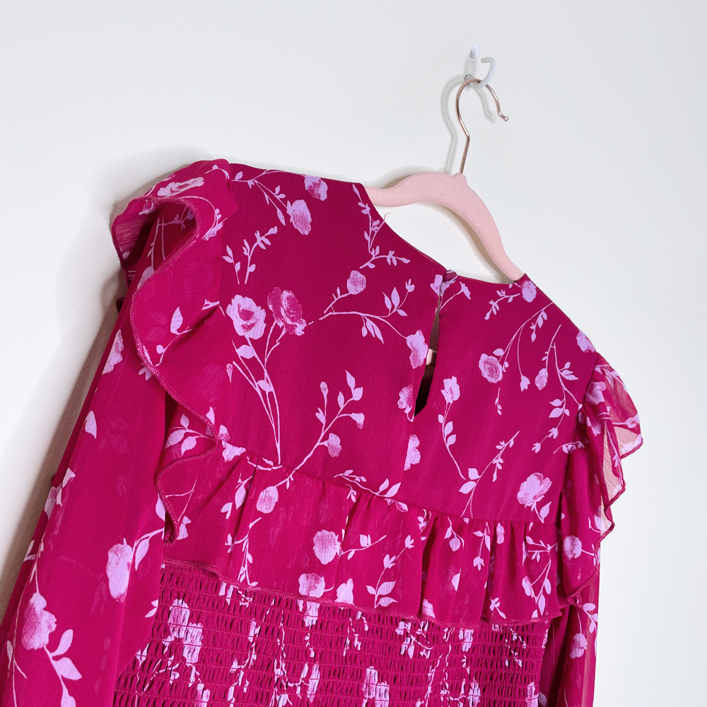 wayf pink floral ruffled smocked sheer blouse - size medium