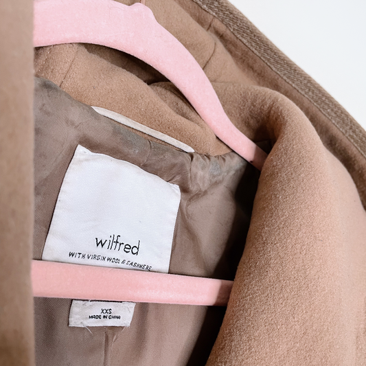 wilfred tan borda wool-cashmere belted hooded coat - size xxs