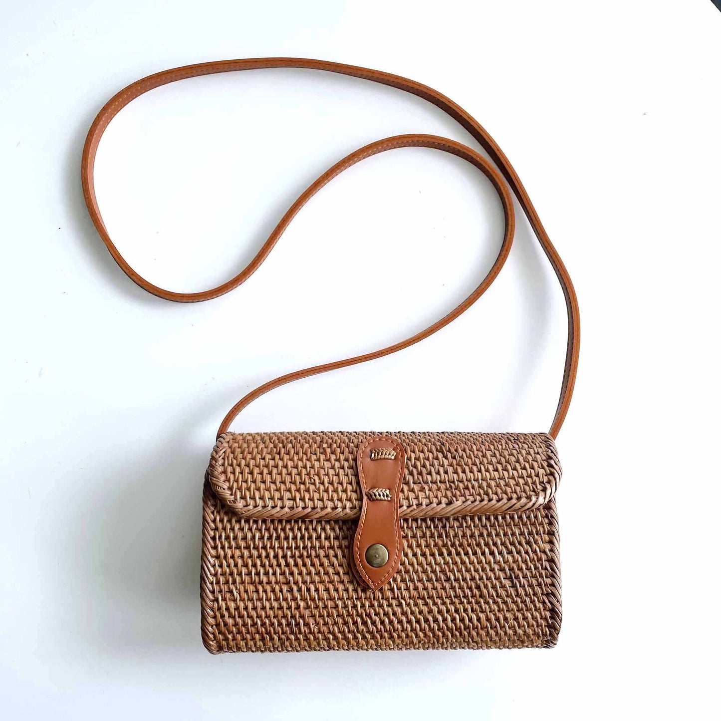 woven boho rattan crossbody with leather strap