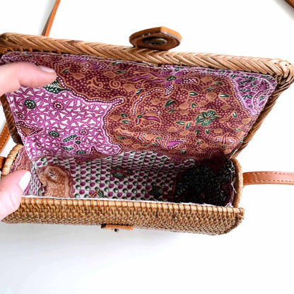 woven boho rattan crossbody with leather strap