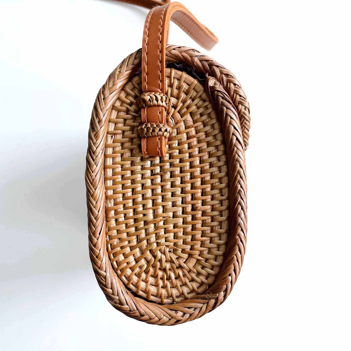 woven boho rattan crossbody with leather strap