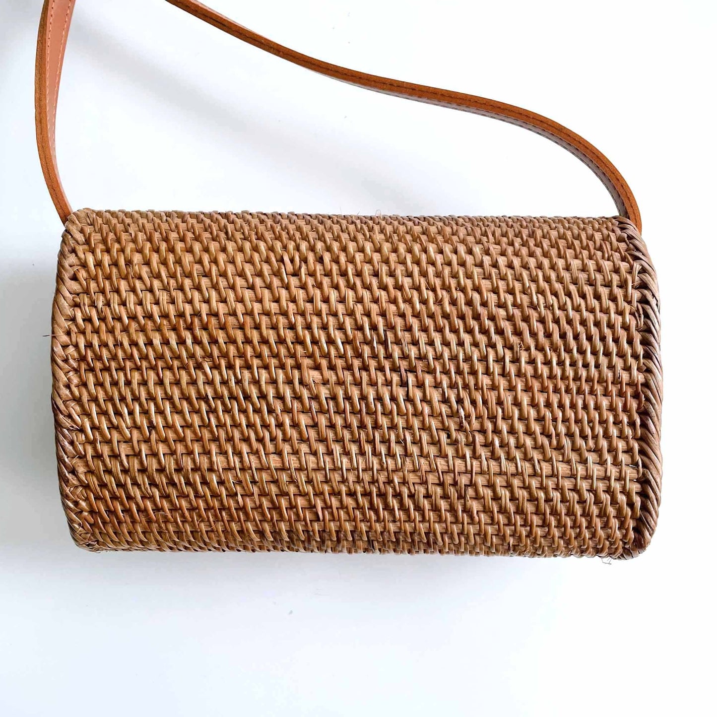 woven boho rattan crossbody with leather strap