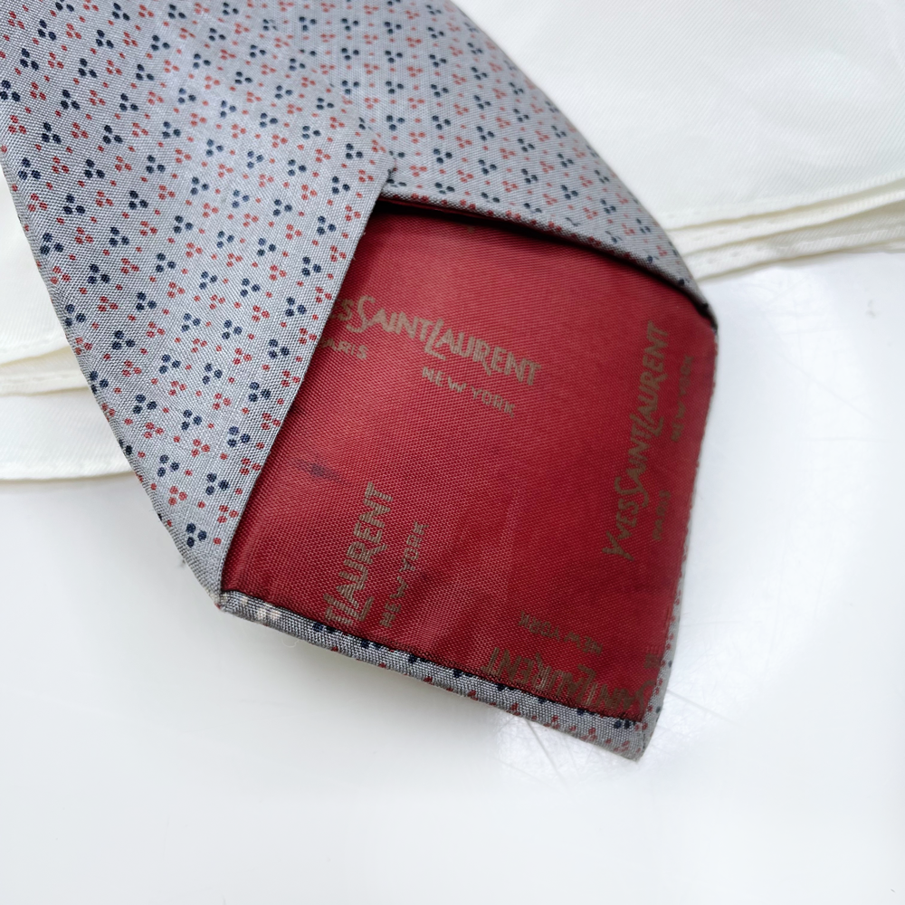 vintage ysl grey silk patterned tie and pocket square