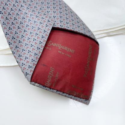 vintage ysl grey silk patterned tie and pocket square