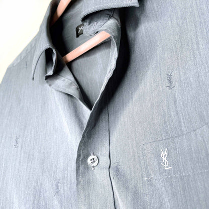 men's ysl blue logo embroidered pocket dress shirt - size 16