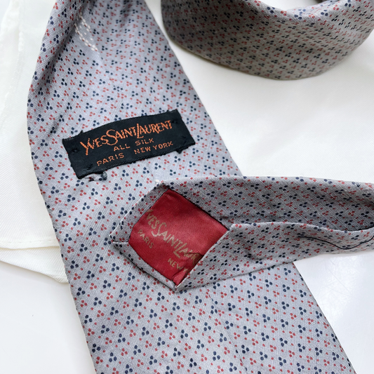 vintage ysl grey silk patterned tie and pocket square