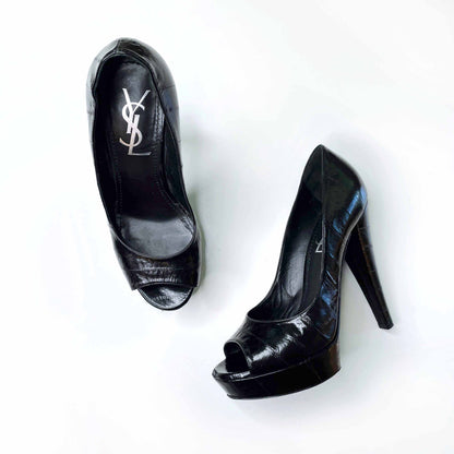 ysl black snakeskin platform peep toe pumps - size 36