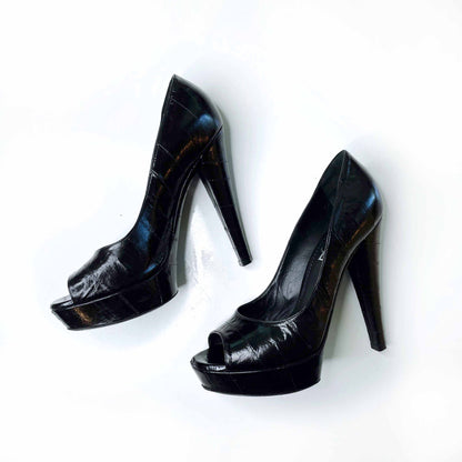 ysl black snakeskin platform peep toe pumps - size 36