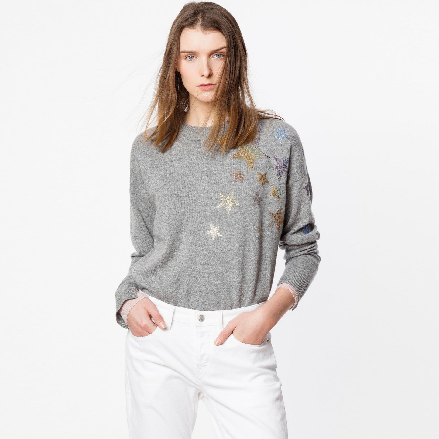 zadig & voltaire grey gaby stars cashmere sweater - size small