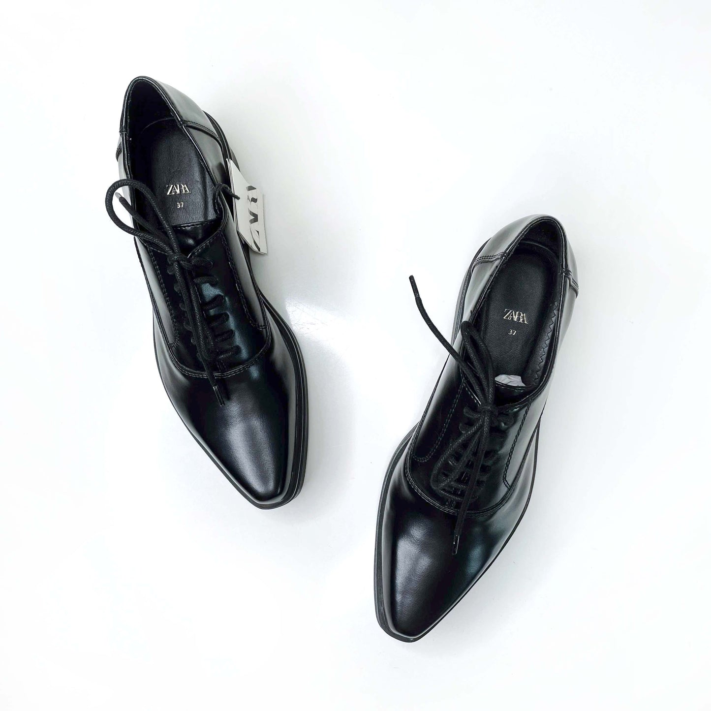 nwt zara black leather platform derby loafers - size 37