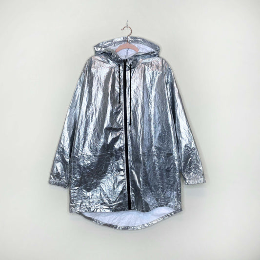 zara sport silver metallic hooded rain jacket - size medium