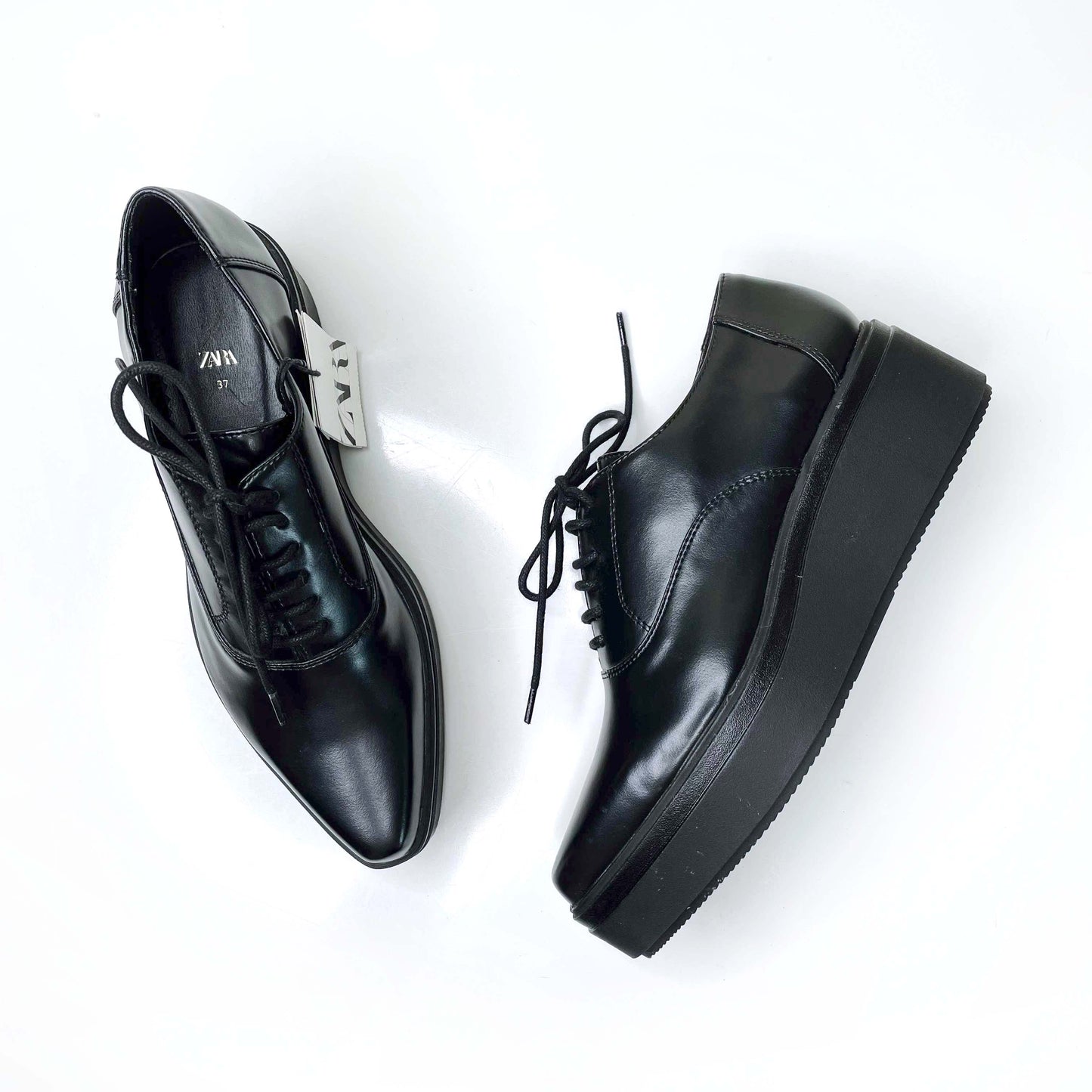 nwt zara black leather platform derby loafers - size 37