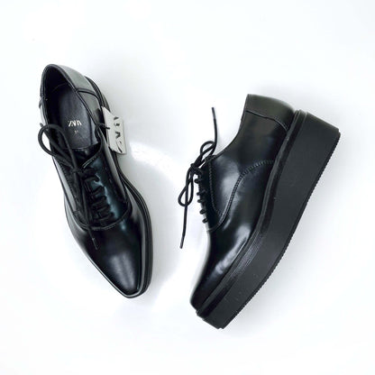 nwt zara black leather platform derby loafers - size 37