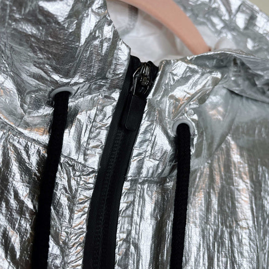 zara sport silver metallic hooded rain jacket - size medium