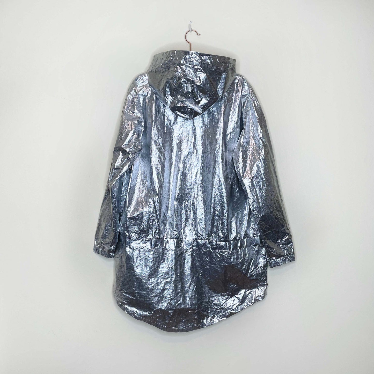 zara sport silver metallic hooded rain jacket - size medium