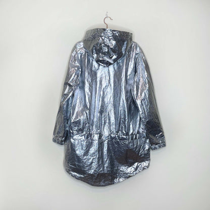 zara sport silver metallic hooded rain jacket - size medium