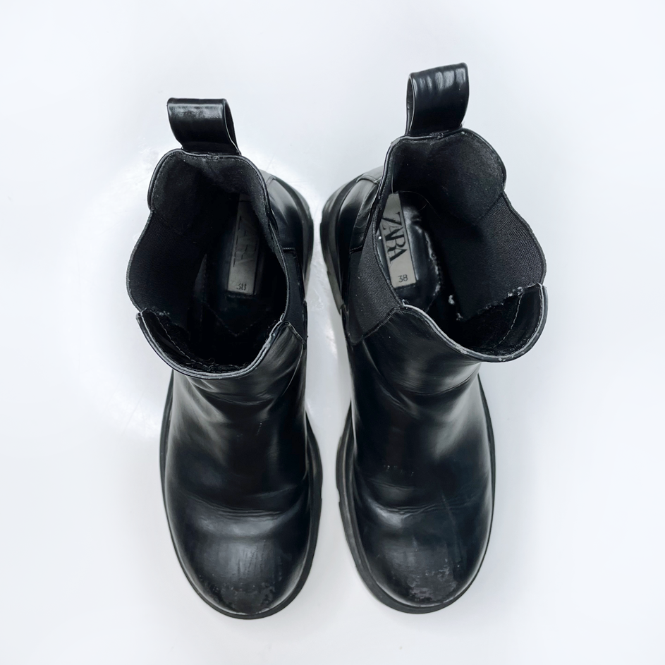 zara black leather chelsea boot chunky lug sole - size 38