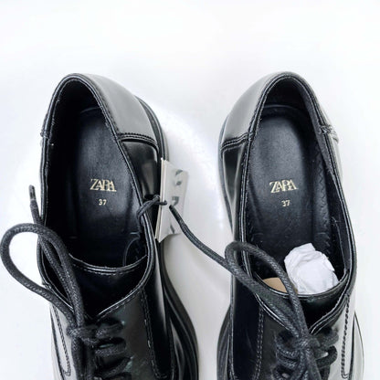 nwt zara black leather platform derby loafers - size 37