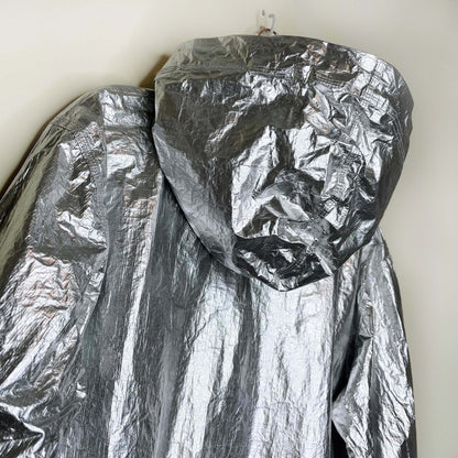 zara sport silver metallic hooded rain jacket - size medium