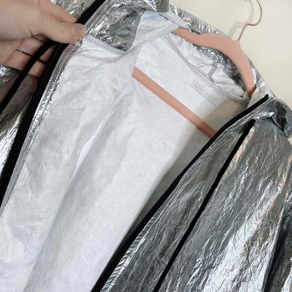 zara sport silver metallic hooded rain jacket - size medium