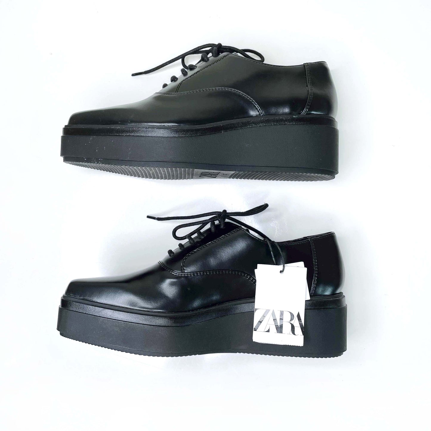 nwt zara black leather platform derby loafers - size 37