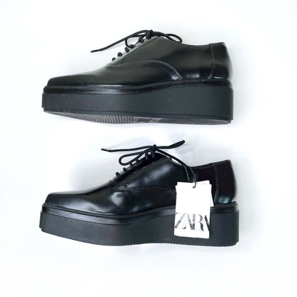 nwt zara black leather platform derby loafers - size 37