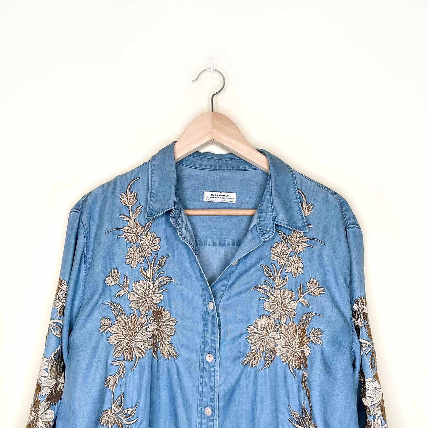 zara chambray button down with gold floral embroidery - size large