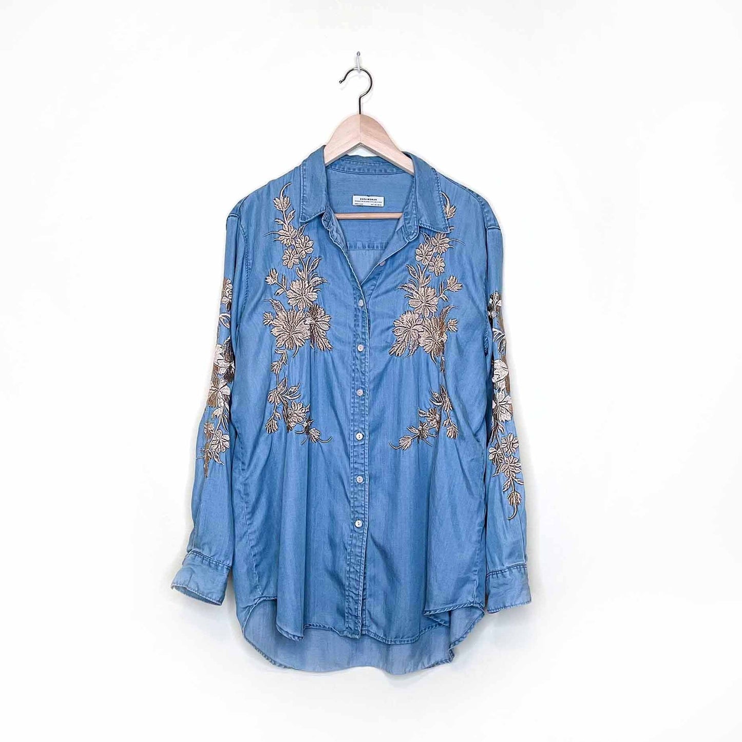 zara chambray button down with gold floral embroidery - size large
