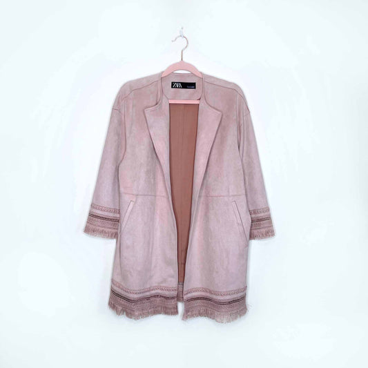 zara boho faux suede open fringe hem jacket - size small