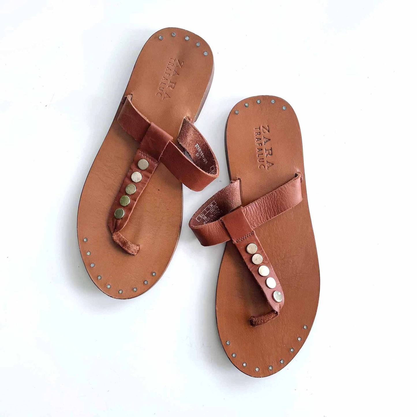 zara cognac leather studded thong sandals - size 38