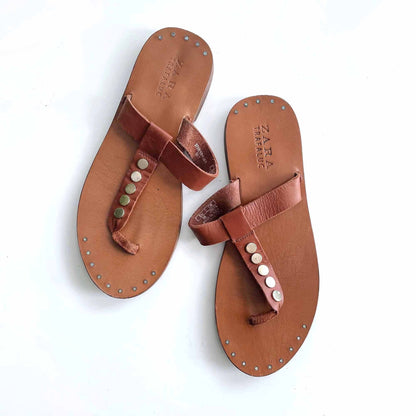 zara cognac leather studded thong sandals - size 38