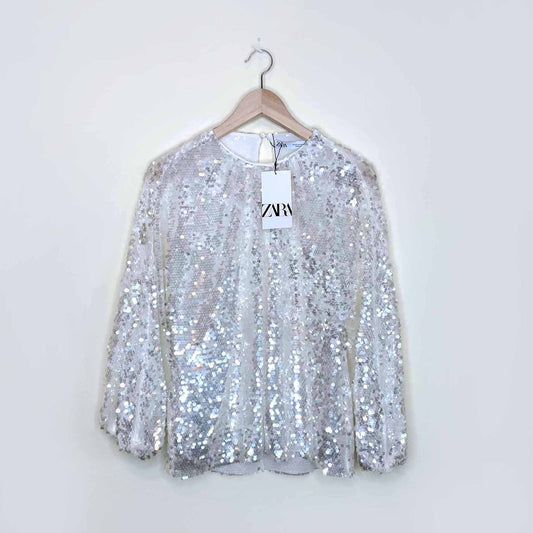 nwt zara white sequin oversized long sleeve blouse - size xs